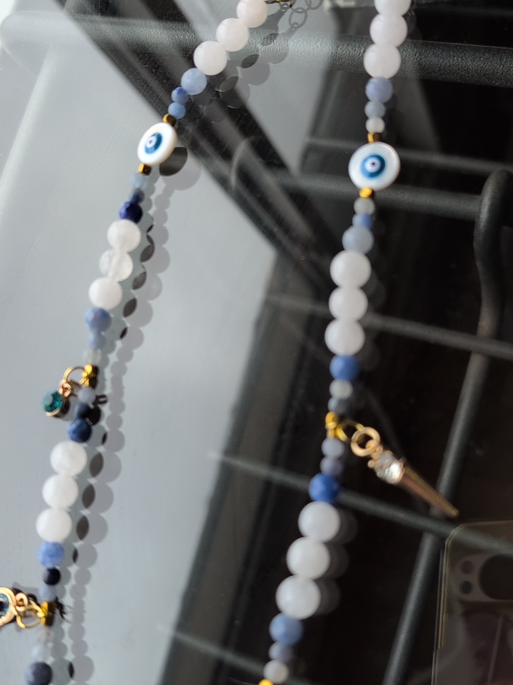Handmade Blue advetureine and White Quartz Beaded Evil Eye Charm Necklace - Picture 3 of 5
